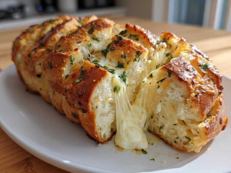 Close-up of a loaf of baked cheese bread, pulled apart to show melted, stringy cheese and green herbs.