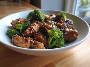 Close-up of saucy chicken and broccoli florets garnished with sesame seeds.