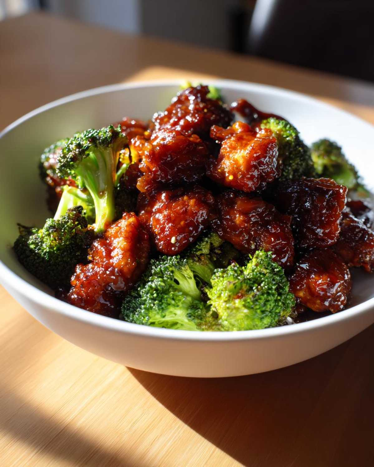Close-up of saucy, glazed chicken and bright green broccoli florets served in a white bowl.