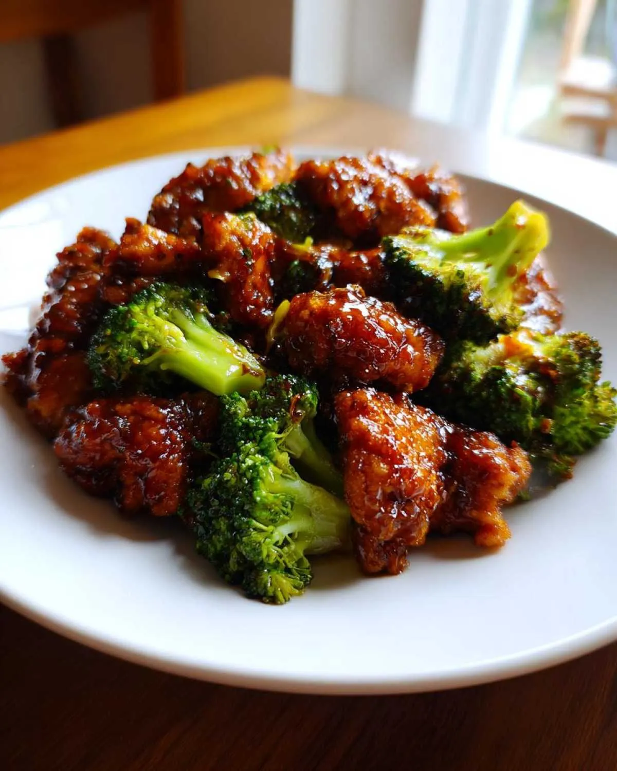 Close-up of saucy, glazed chicken and broccoli florets served on a white plate.