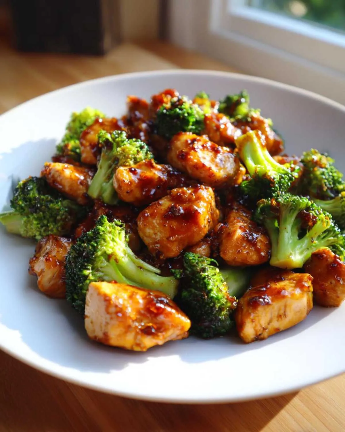 Close-up of tender pieces of chicken and bright green broccoli florets coated in a savory brown glaze, featuring chicken and broccoli.