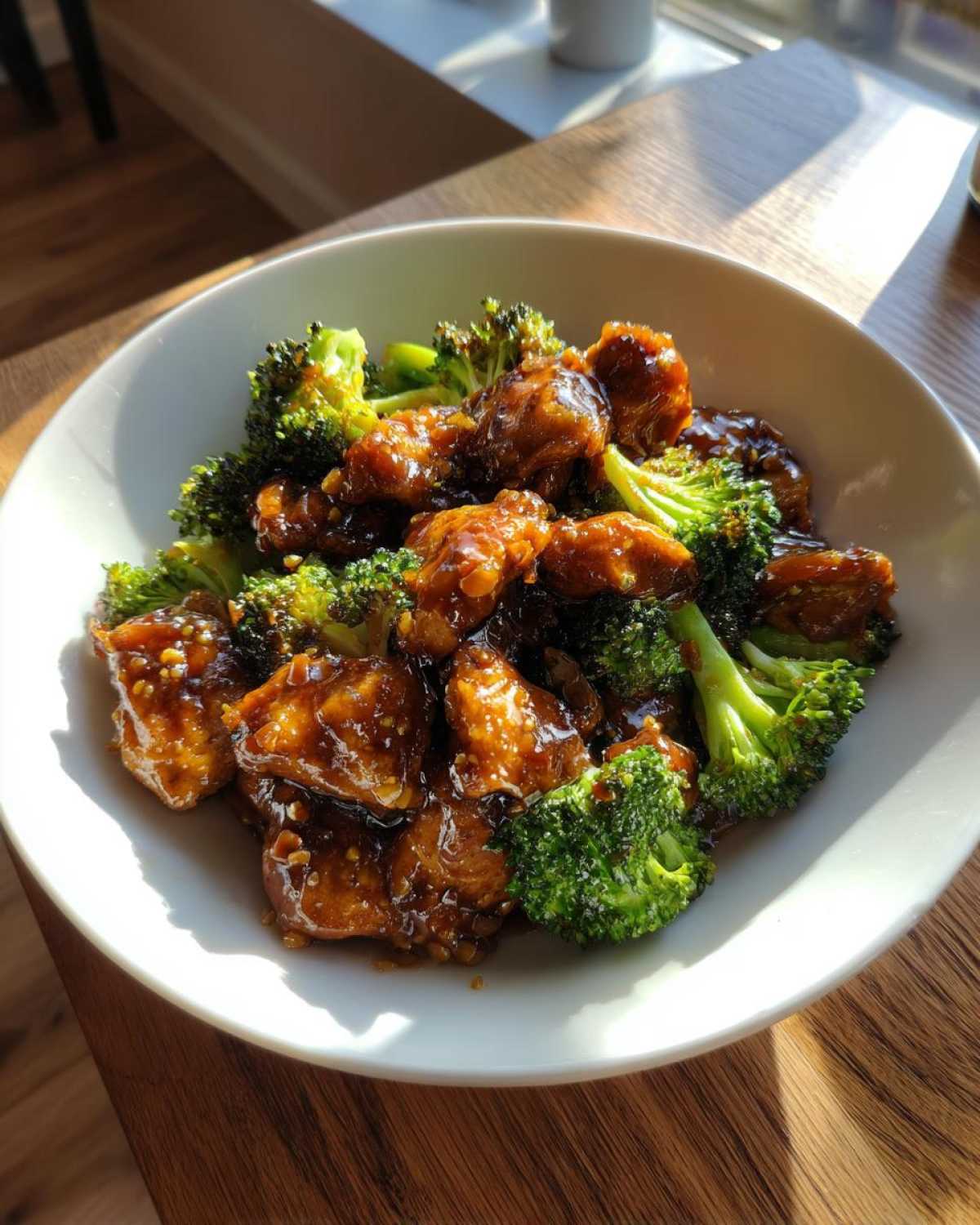 Close-up of saucy chicken and bright green broccoli pieces in a white bowl, featuring amazing chicken and broccoli.