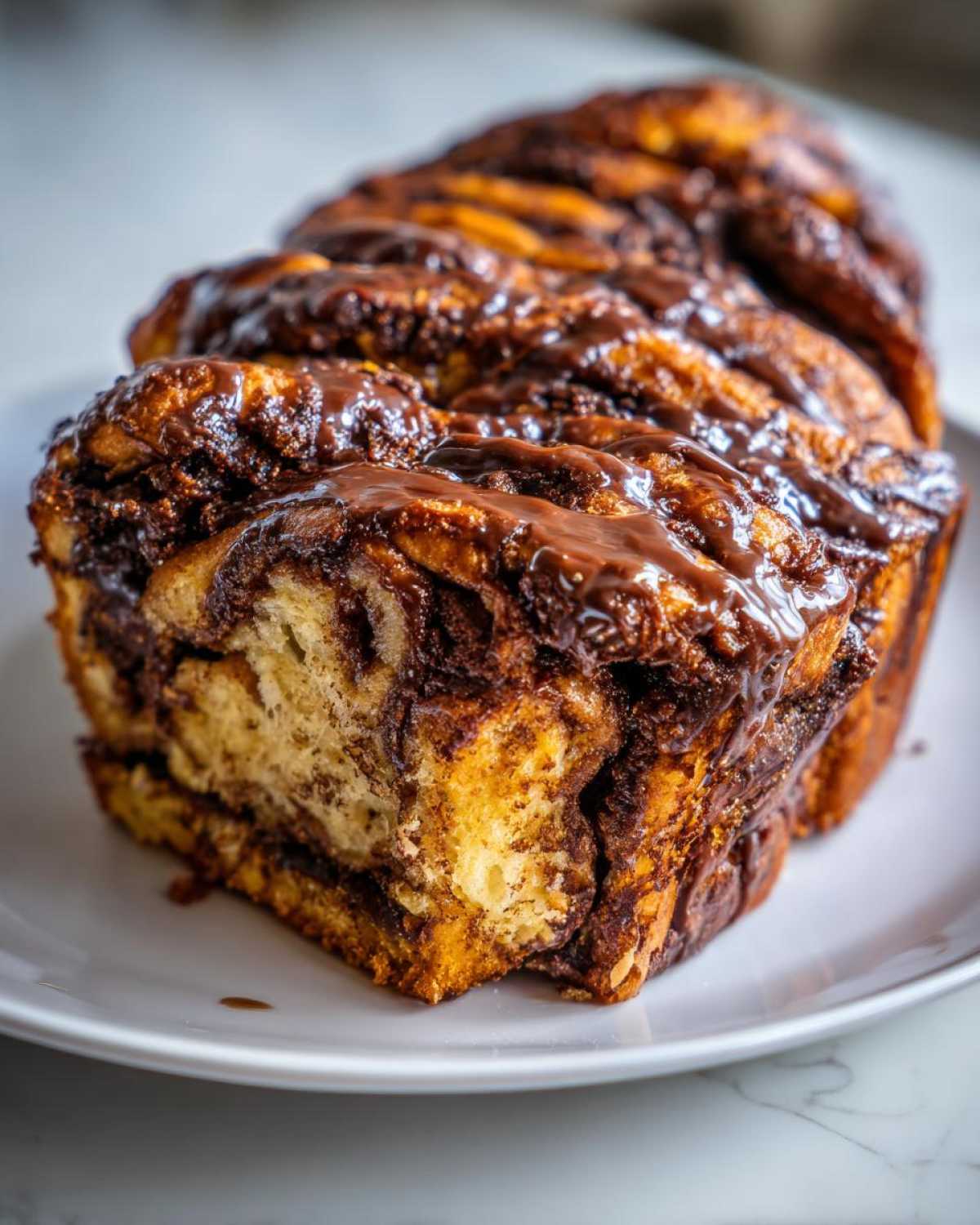 Close-up of a rich, swirled chocolate babka loaf with a glossy chocolate glaze on a white plate.
