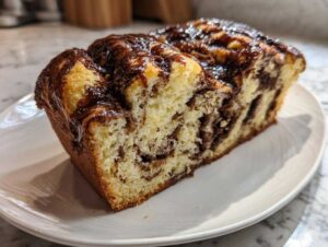 A close-up of a thick slice of chocolate babka showing the swirled filling and shiny chocolate glaze on top.