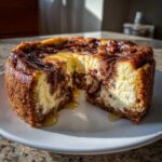 A rich cinnamon roll cheesecake with a slice removed, showing the creamy interior and gooey caramel glaze.