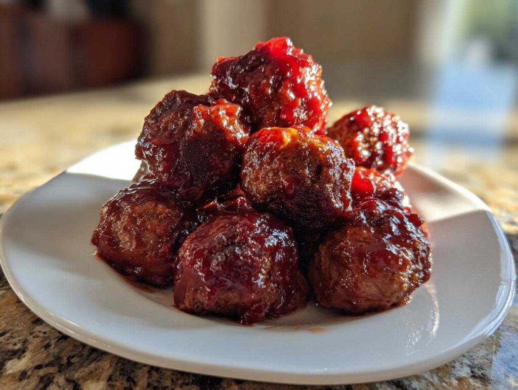 A stack of savory cranberry meatballs coated in a glossy, dark red sauce served on a white plate.