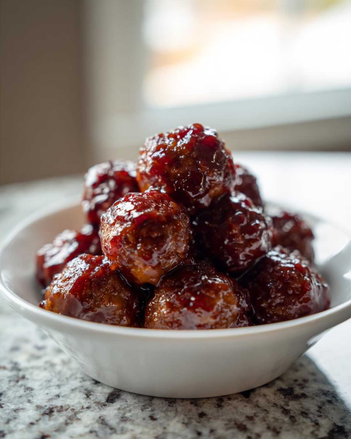 Close-up of glossy, saucy cranberry meatballs piled high in a small white serving bowl.