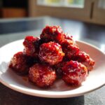 A close-up of several glossy, glazed cranberry meatballs piled high on a small white plate.