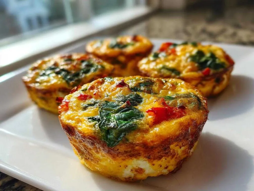 Close-up of five golden-brown baked egg muffin portions filled with spinach and red peppers on a white plate.