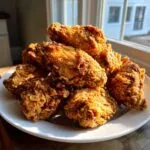 A pile of perfectly golden and crispy fried chicken wings resting on a white plate near a sunny window.