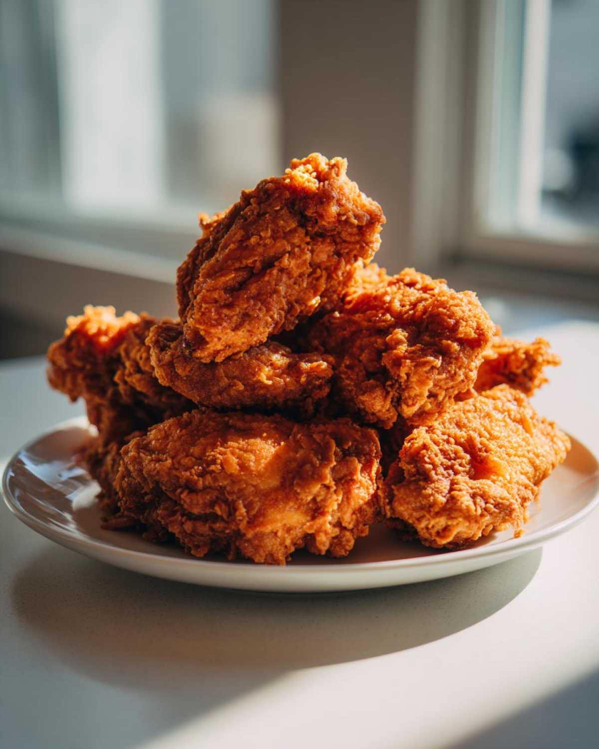 A tall stack of golden brown, crispy fried chicken wings piled high on a white plate, backlit by a window.