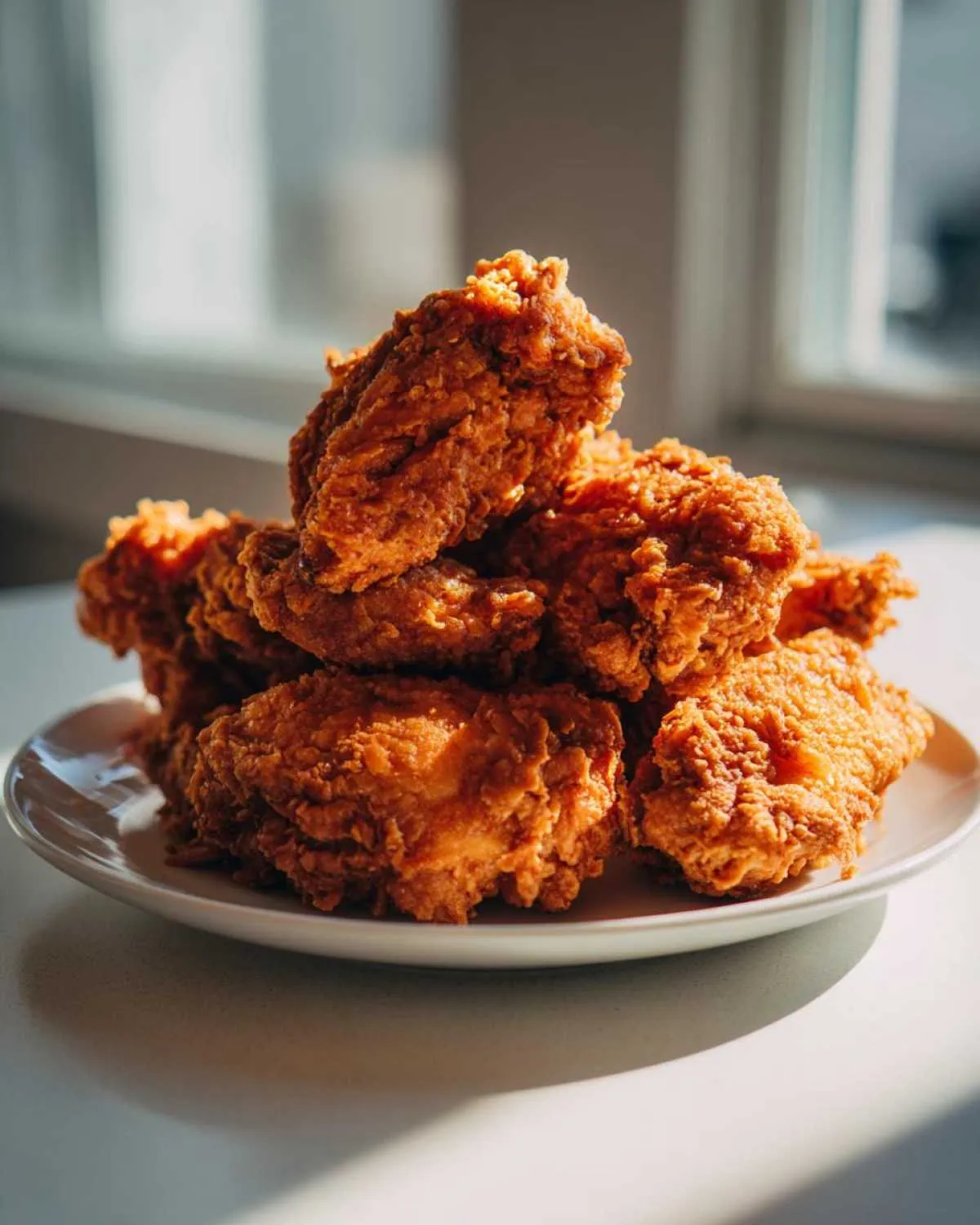 A tall stack of golden brown, crispy fried chicken wings piled high on a white plate, backlit by a window.