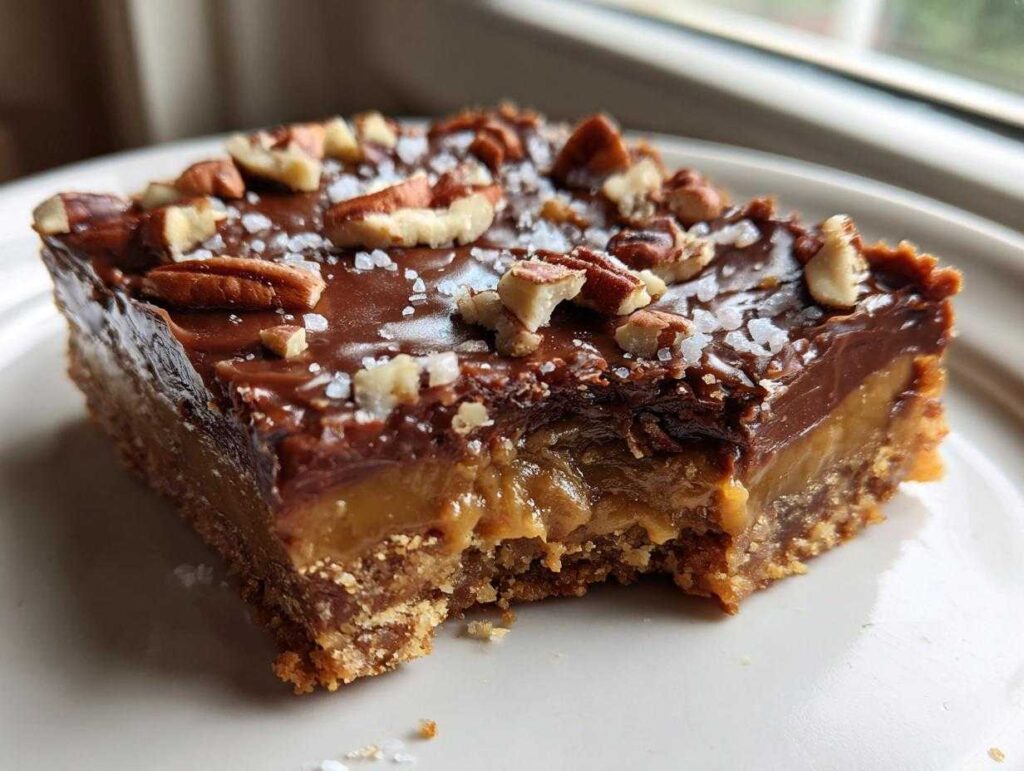 A square piece of graham cracker toffee with a bite taken out, showing layers of crust, caramel, and chocolate topped with pecans and sea salt.