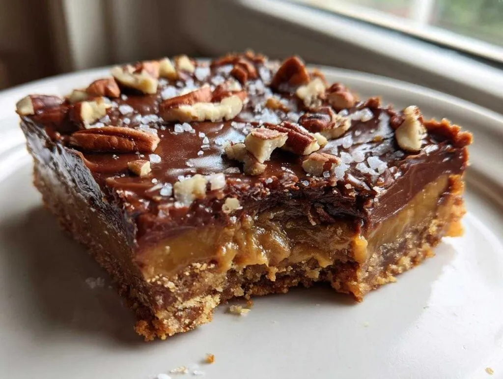 A square piece of graham cracker toffee with a bite taken out, showing layers of crust, caramel, and chocolate topped with pecans and sea salt.