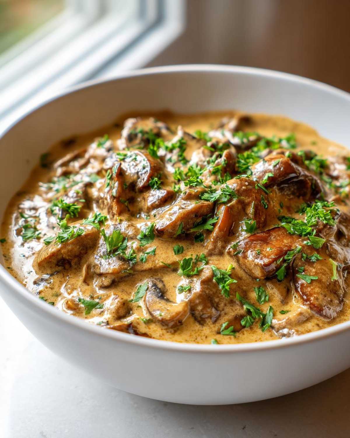 Close-up of a rich, creamy mushroom sauce generously garnished with fresh parsley in a white bowl.