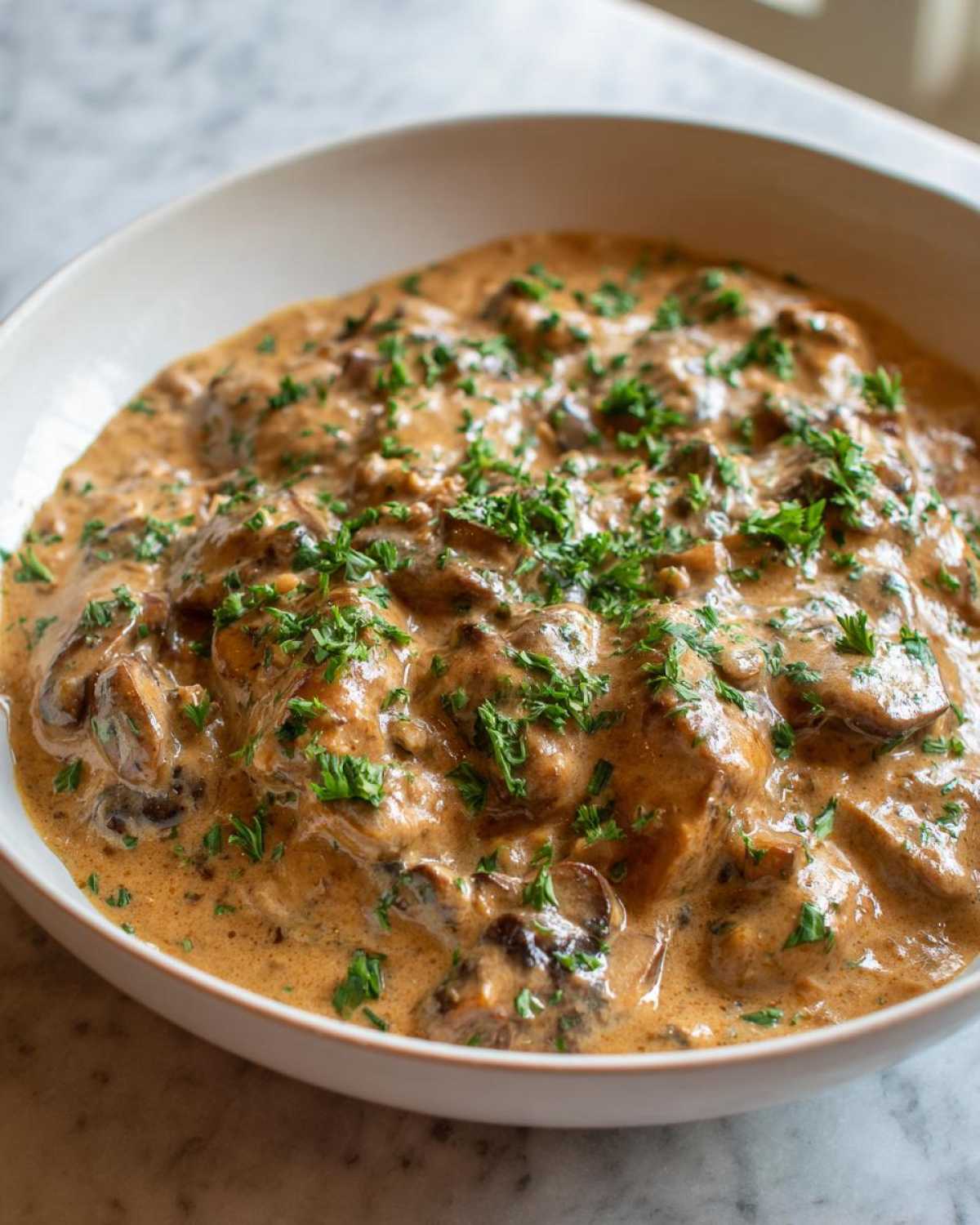 Close-up of rich, creamy mushroom sauce generously topped with fresh chopped parsley in a white bowl.