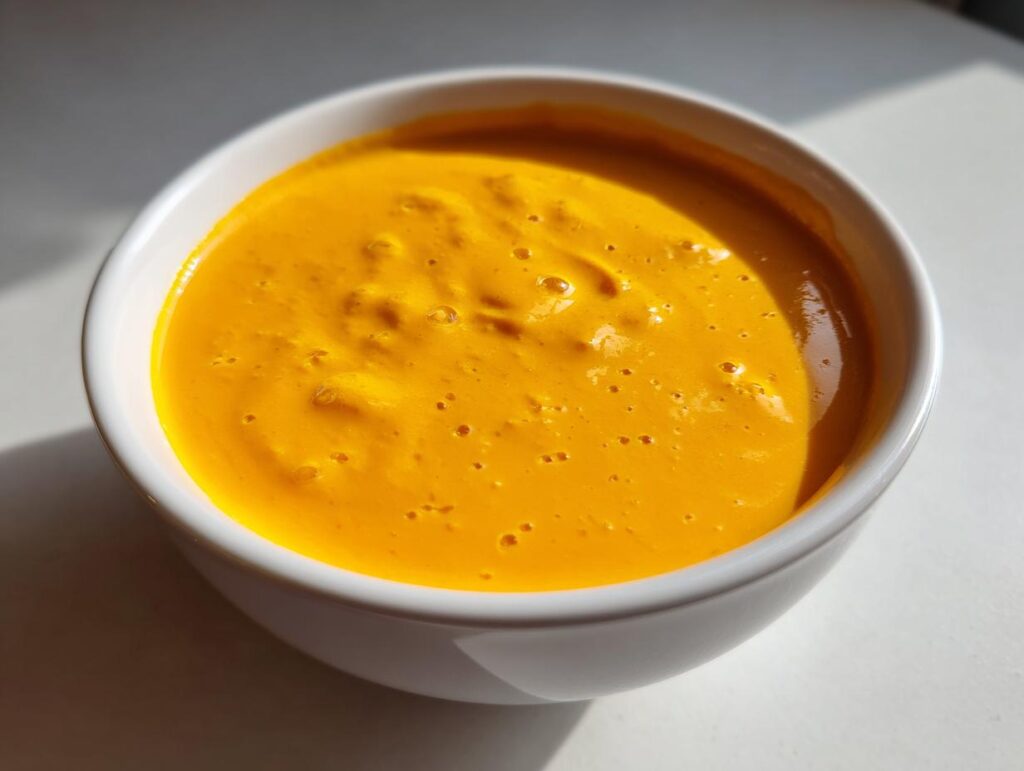 A close-up of vibrant, smooth nacho cheese sauce filling a small white bowl, highlighted by strong sunlight.