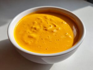 A close-up of vibrant, smooth nacho cheese sauce filling a small white bowl, highlighted by strong sunlight.