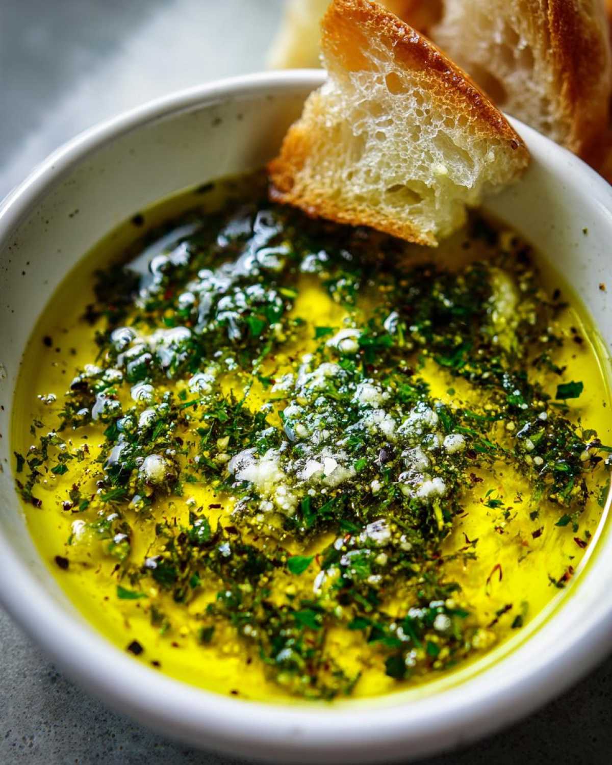 A close-up of a white bowl filled with bright yellow olive oil bread dip, topped with minced garlic and fresh green herbs.