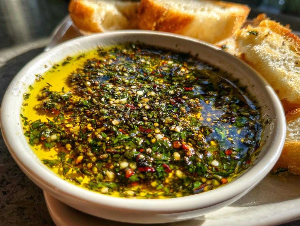Close-up of a white bowl filled with bright yellow olive oil bread dip seasoned with green herbs and red pepper flakes.