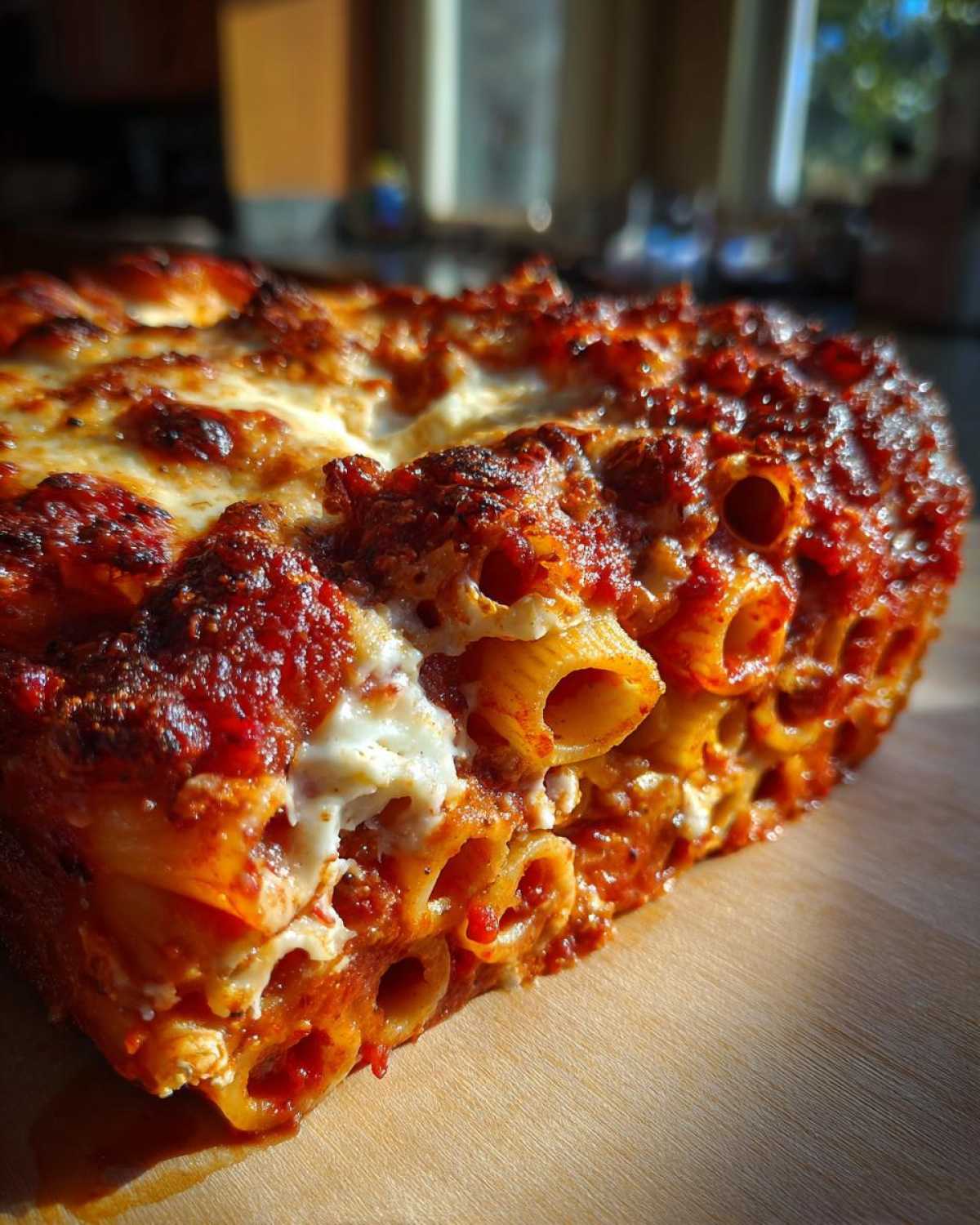 Close-up of a hearty slice of baked pasta bake showing rigatoni tubes covered in rich tomato sauce and melted, browned cheese.