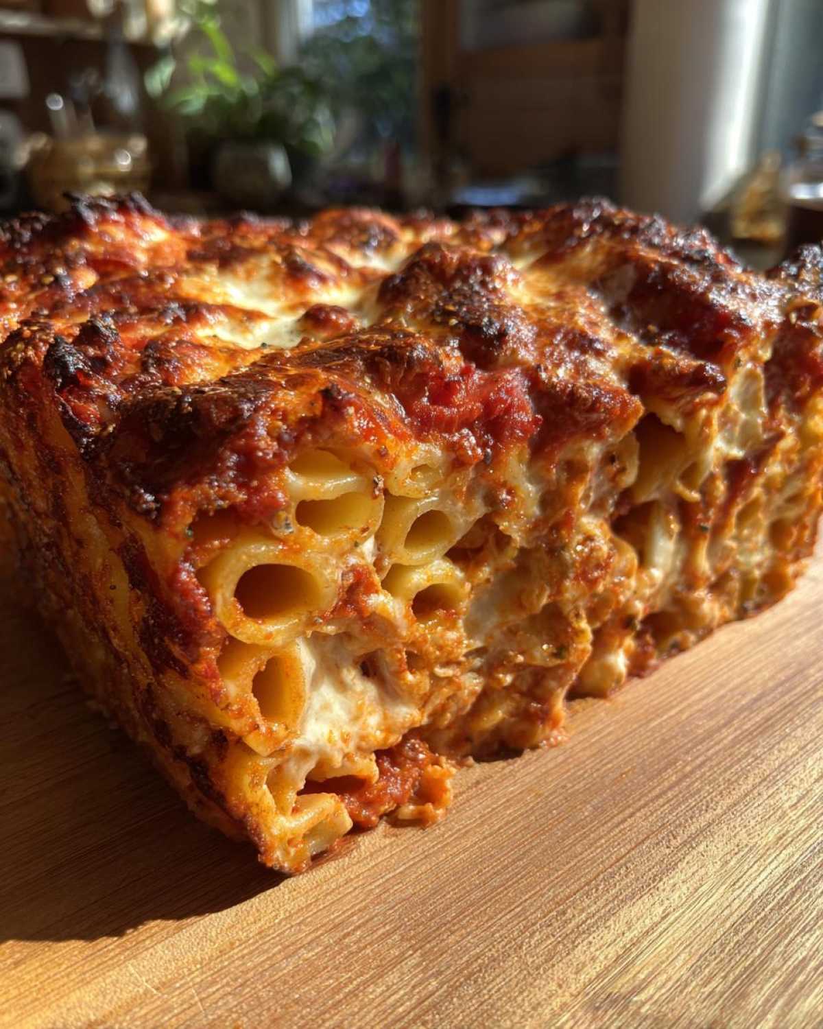 Close-up of a thick, square slice of baked ziti or pasta bake with a deeply browned, cheesy top layer.