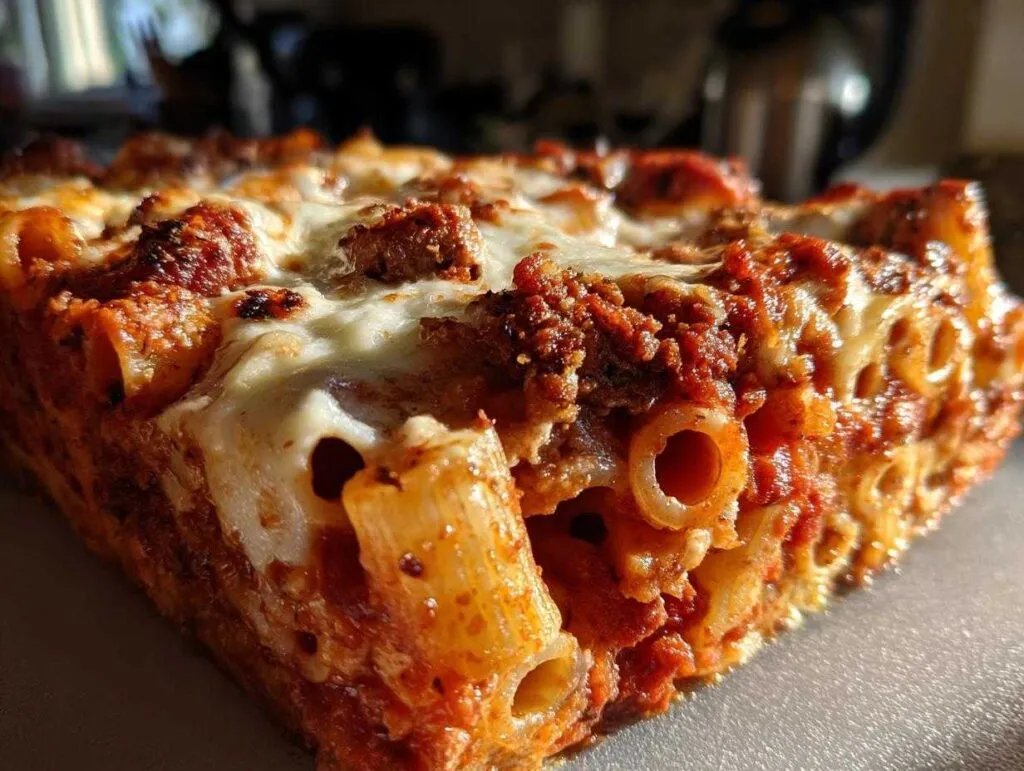 A close-up, side view of a hearty slice of baked pasta bake showing ridged ziti pasta, rich meat sauce, and melted, slightly browned cheese topping.