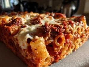 A close-up, side view of a hearty slice of baked pasta bake showing ridged ziti pasta, rich meat sauce, and melted, slightly browned cheese topping.
