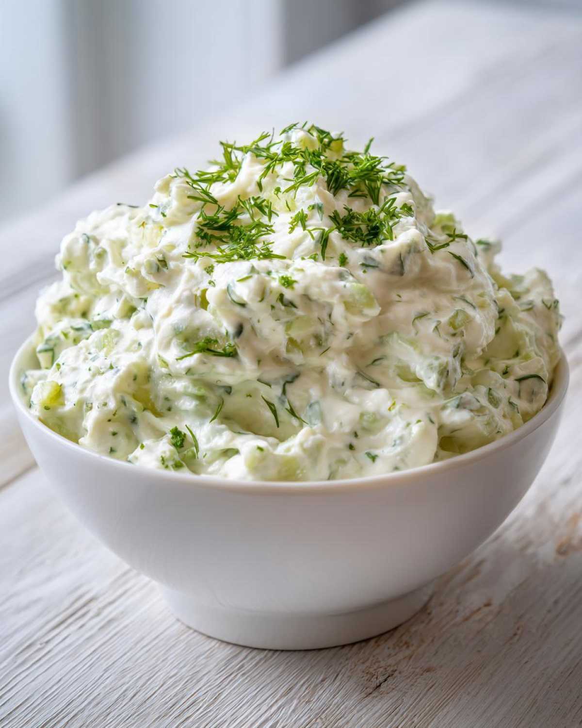 A creamy, chunky pickle dip topped with fresh dill served in a white bowl on a rustic white wooden surface.