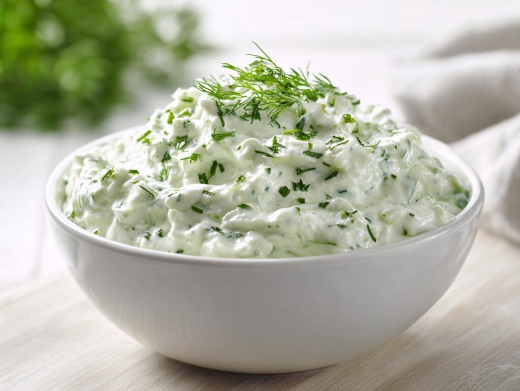 A creamy white bowl filled with vibrant green pickle dip, topped with fresh dill.
