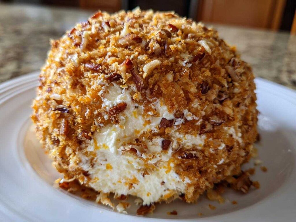 A close-up of a creamy pineapple cheese ball coated entirely in toasted pecans and coconut flakes.