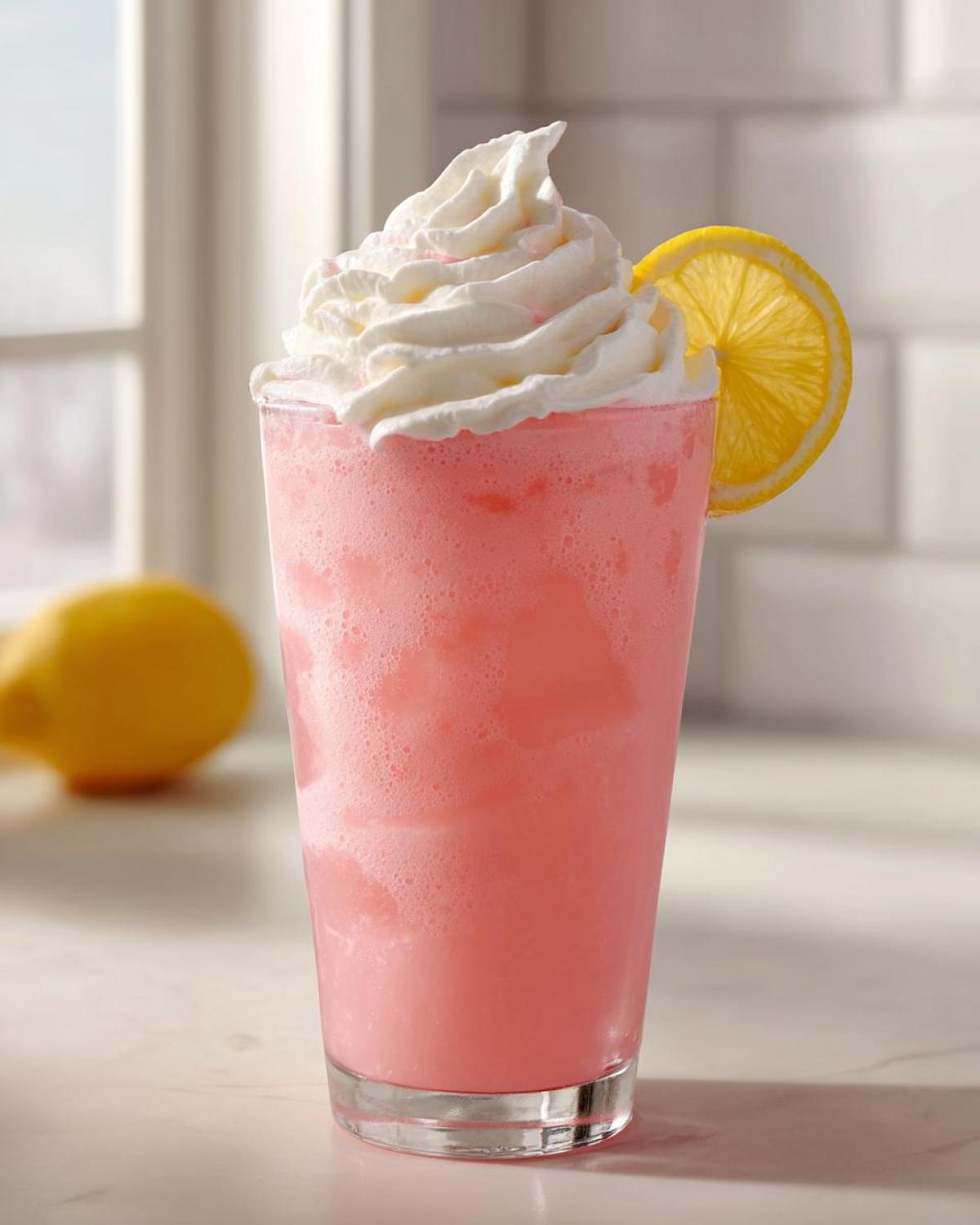 A tall glass of frothy pink lemonade topped with whipped cream and a lemon slice.