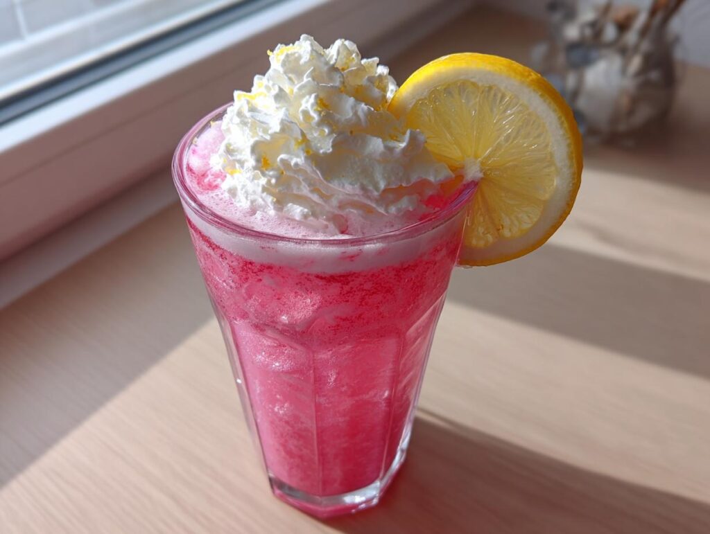 A tall glass of bright pink lemonade topped with whipped cream and a lemon slice garnish.