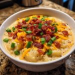 A creamy bowl of amazing potato soup recipe topped with shredded cheddar, bacon bits, and fresh green onions.