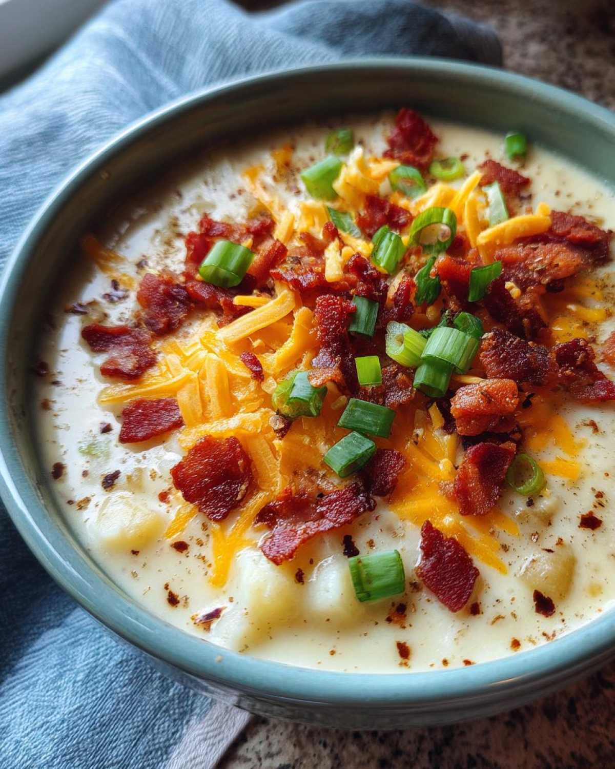 Close-up of a bowl of creamy potato soup recipe topped generously with shredded cheddar, crispy bacon bits, and sliced green onions.