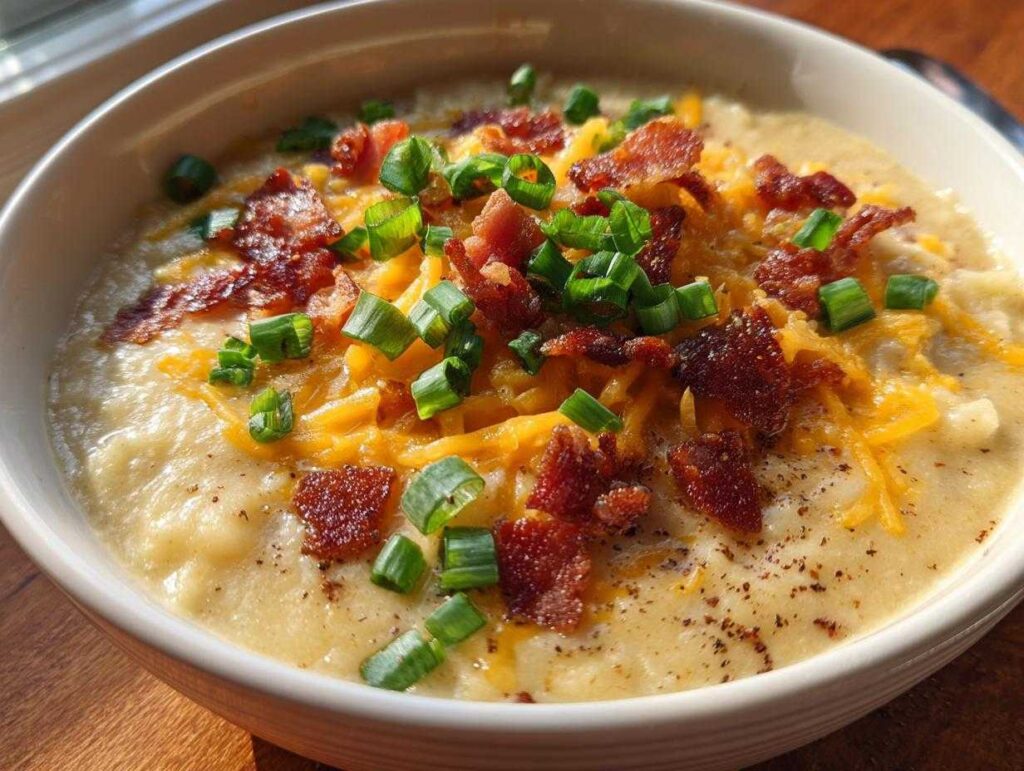 Close-up of a bowl of creamy potato soup recipe topped generously with shredded cheddar, crispy bacon bits, and green onions.