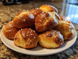 A close-up of freshly baked pretzel bites, golden brown and topped with coarse salt.