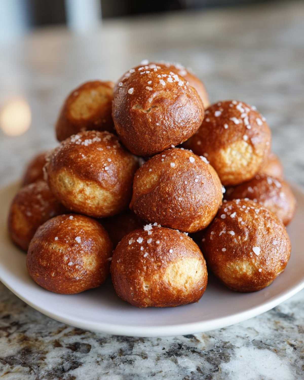 A close-up stack of golden brown pretzel bites sprinkled with coarse salt on a white plate.
