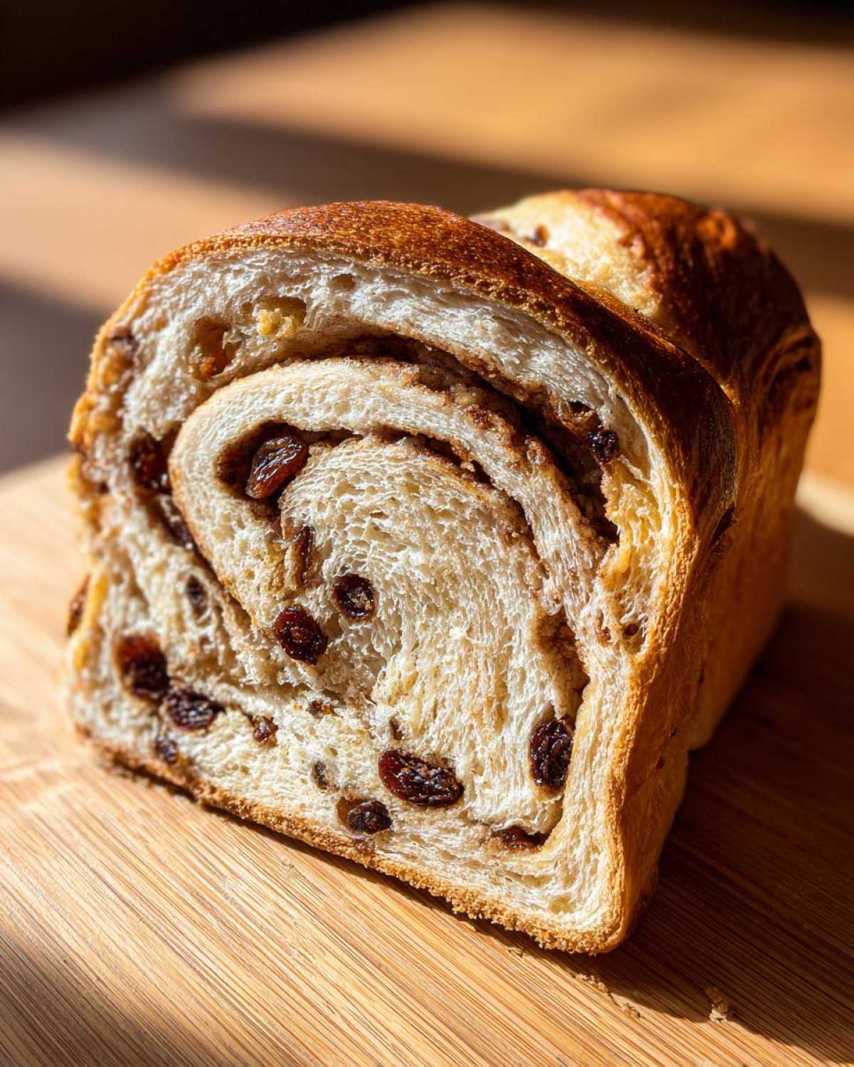 Close-up of a freshly baked loaf of raisin bread showing the swirl of cinnamon filling and plump raisins inside.