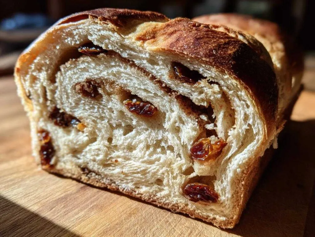 Close-up view of a freshly baked raisin bread loaf showing the swirl of cinnamon filling and plump raisins inside.