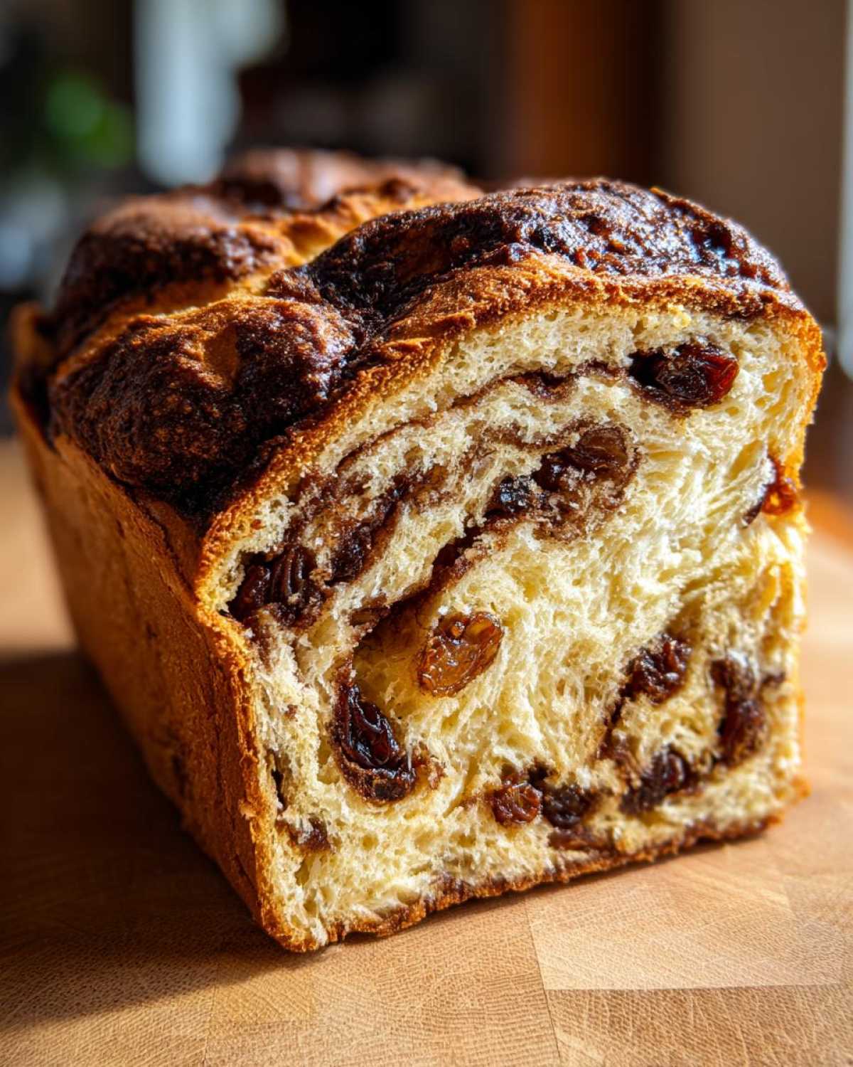 Close-up of a freshly baked raisin bread loaf showing the soft interior swirl and plump raisins.