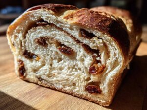 Close-up view of a freshly baked raisin bread loaf showing the swirl of cinnamon filling and plump raisins inside.
