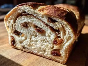 Close-up view of a freshly baked raisin bread loaf showing the swirl of cinnamon filling and plump raisins inside.