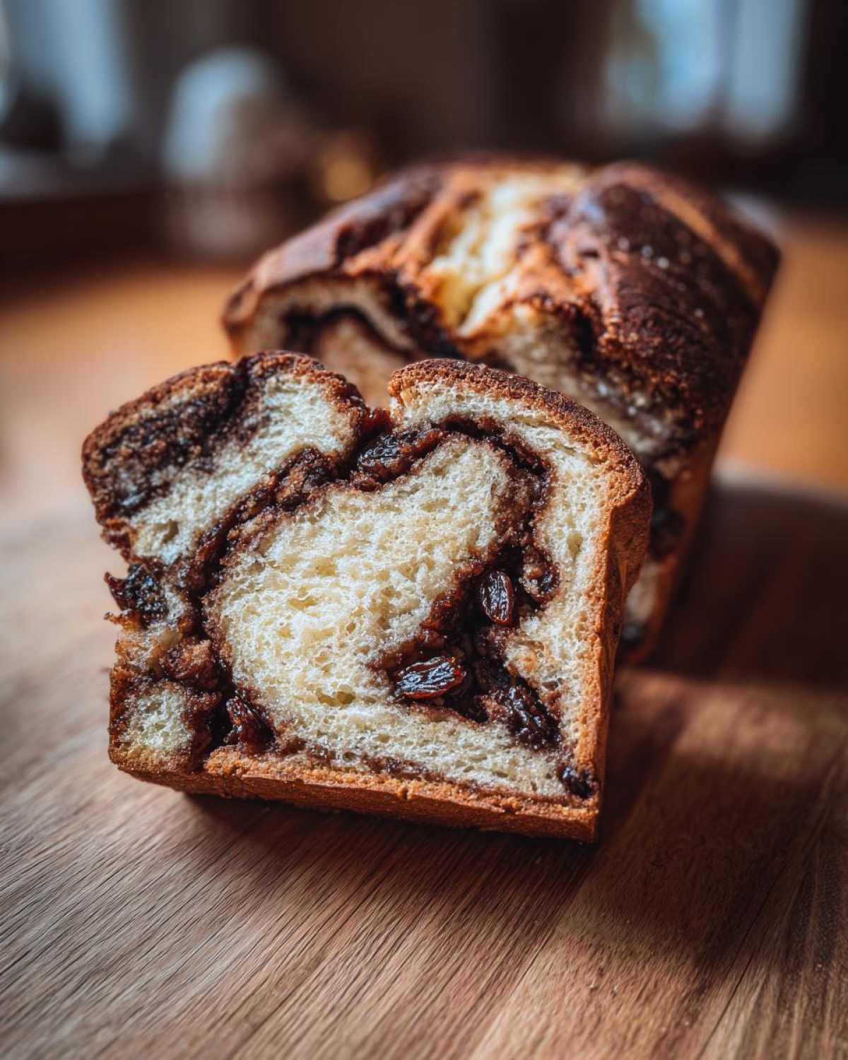 Close-up of a slice of homemade raisin bread showing a rich chocolate swirl filling and plump raisins.