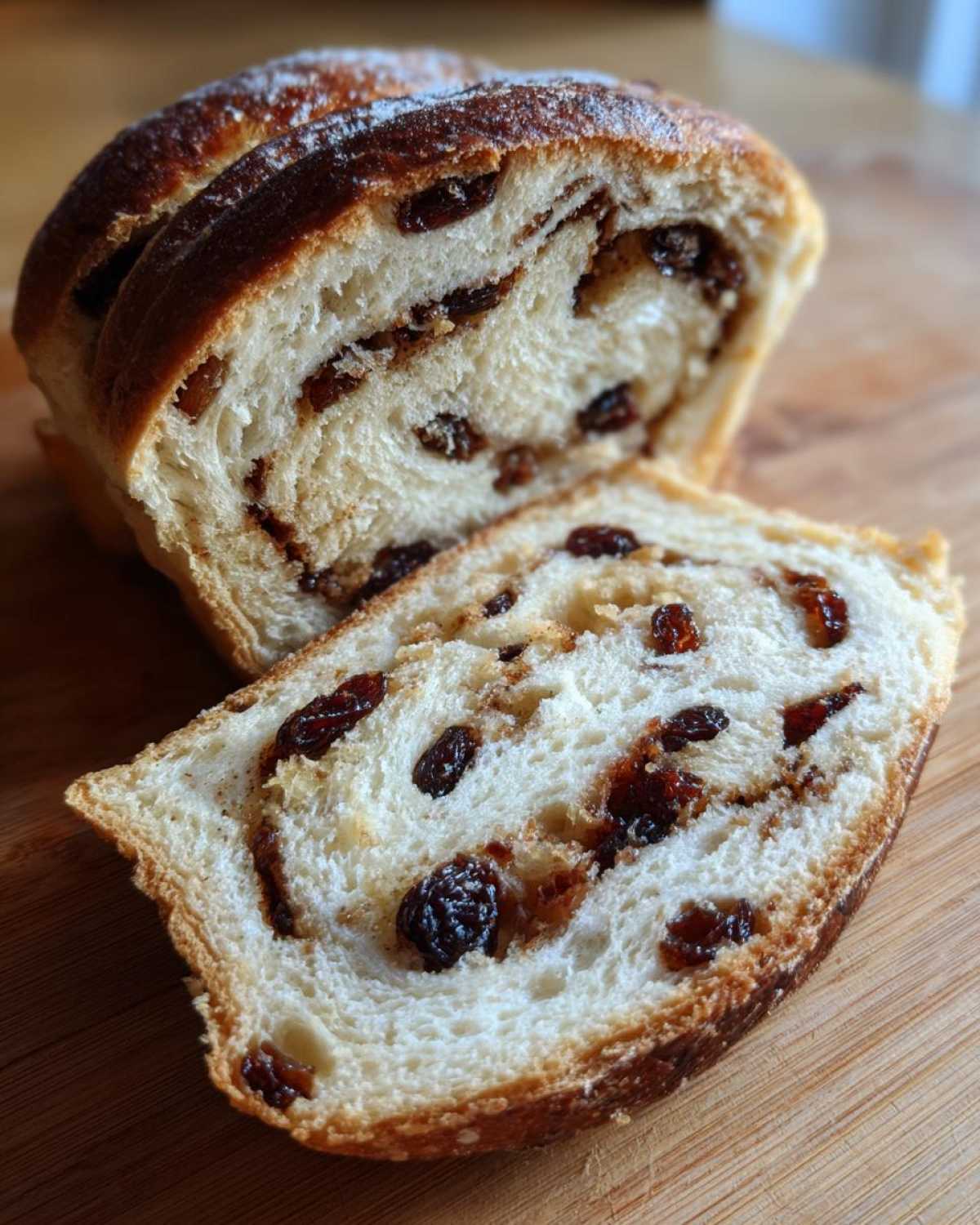 Close-up of a thick slice of homemade raisin bread showing the soft interior and cinnamon swirl.