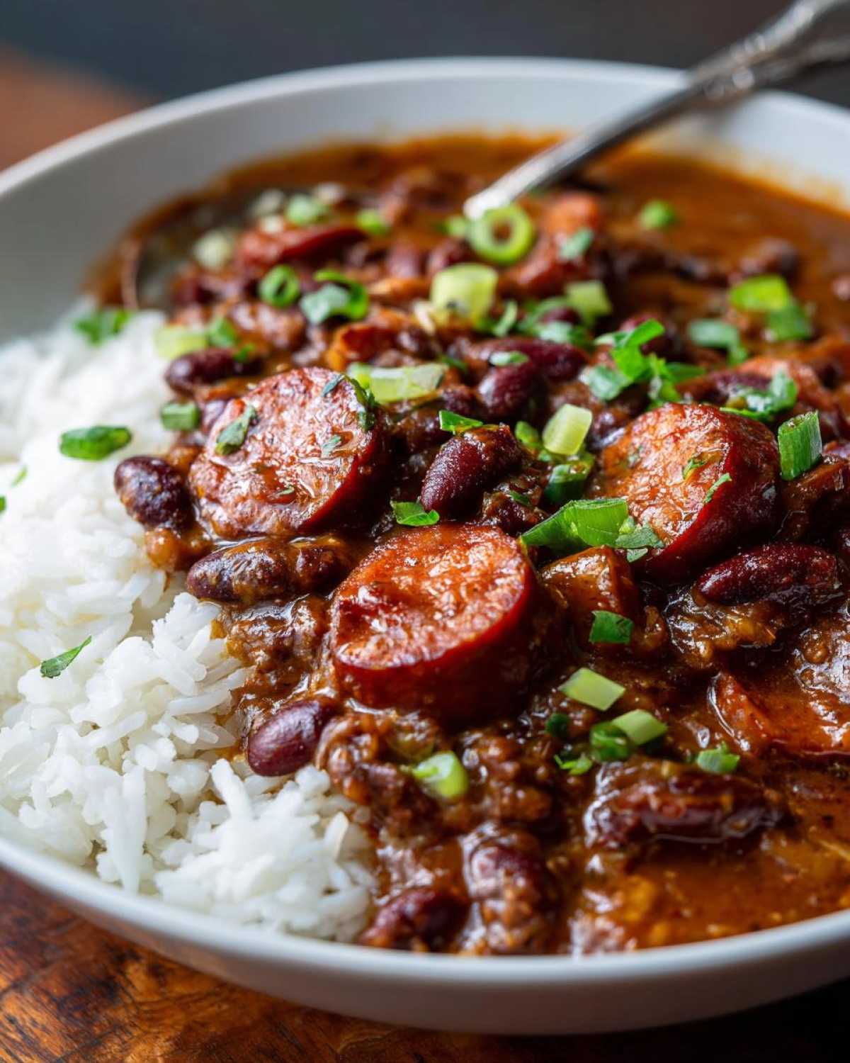 A close-up bowl of amazing red beans and rice topped with sliced smoked sausage and green onions.