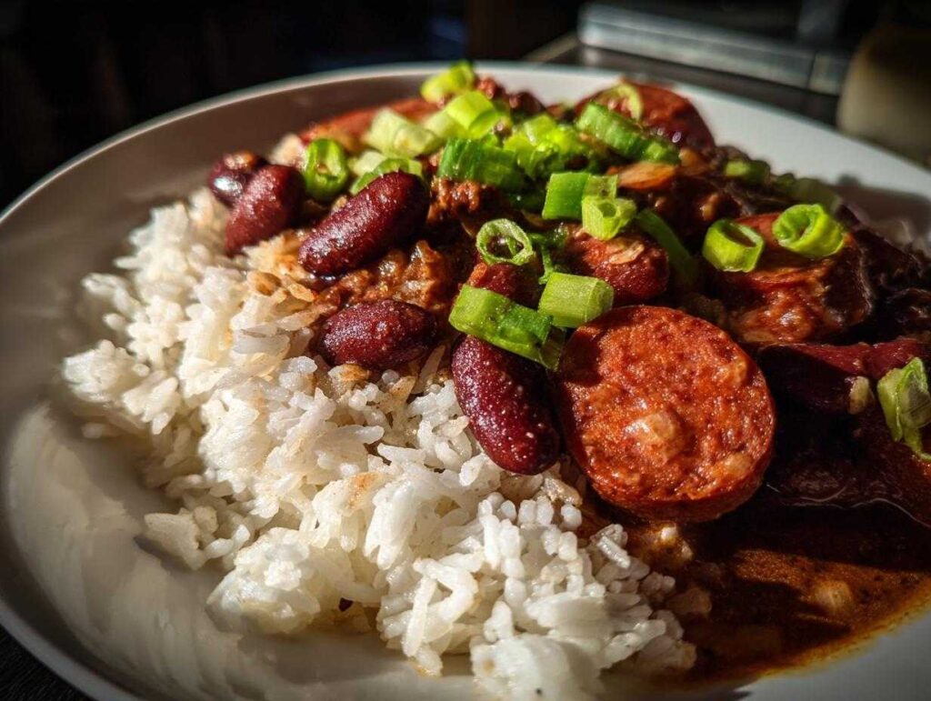 A close-up, well-lit serving of amazing red beans and rice topped with sliced sausage and green onions.