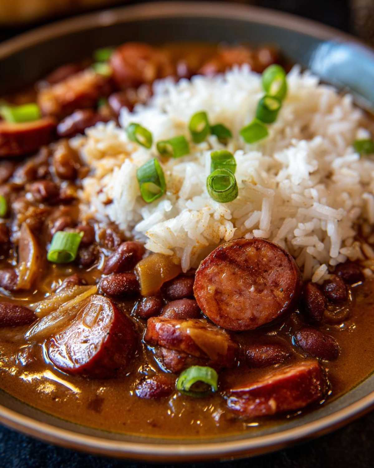 A close-up of a bowl of amazing red beans and rice topped with sliced smoked sausage and green onions.