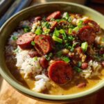 A close-up serving of amazing red beans and rice topped with sliced smoked sausage and green onions.