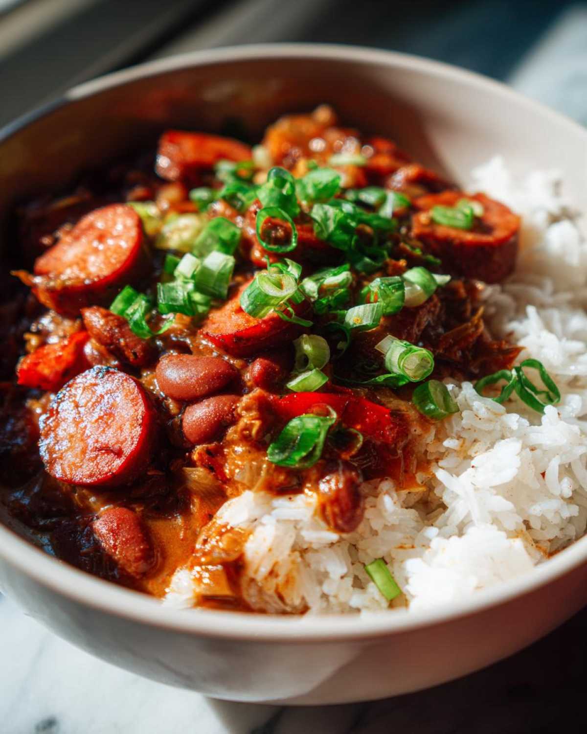Close-up of amazing red beans and rice topped with sliced smoked sausage and green onions.